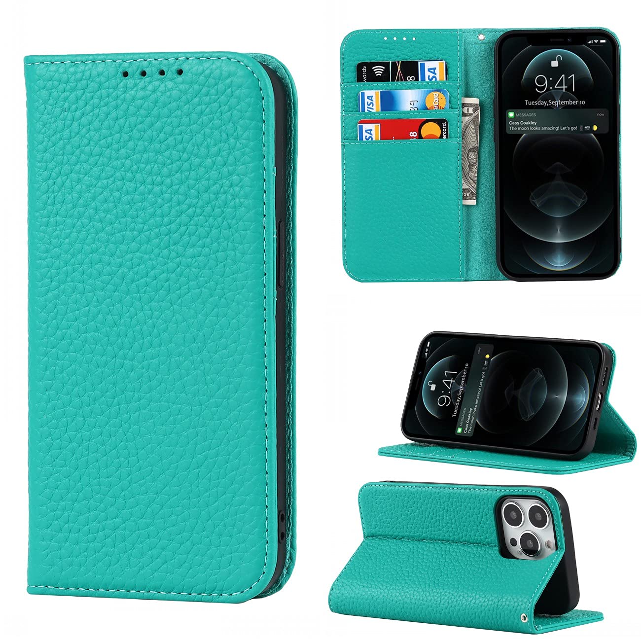 Copmob Phone Case iPhone 13 Pro,Flip Genuine Leather Wallet Case,[4 Slots][Magnetic closure][With Lanyard],Protective Cover Case for iPhone 13 Pro - Sky Blue