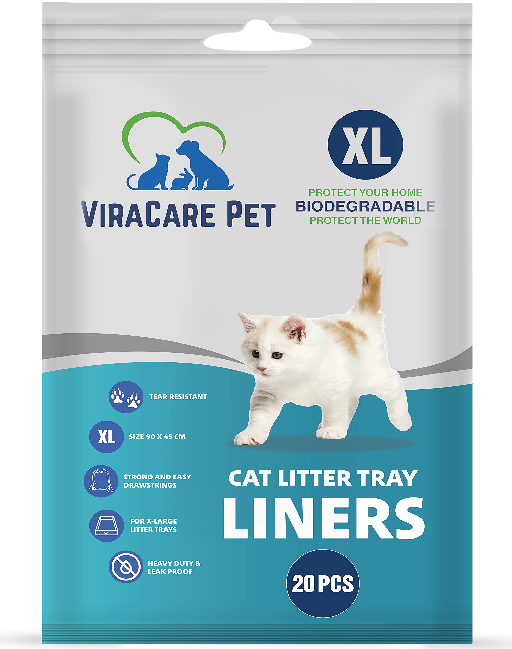 20 x Cat Litter Tray Liners Extra Large | With Drawstrings | Biodegradable | Scratch Resistant And Leak Proof | For X-Large Litter Trays | Cat Litter Bags | Size 90x45 cm | 2 Mil Thickness |
