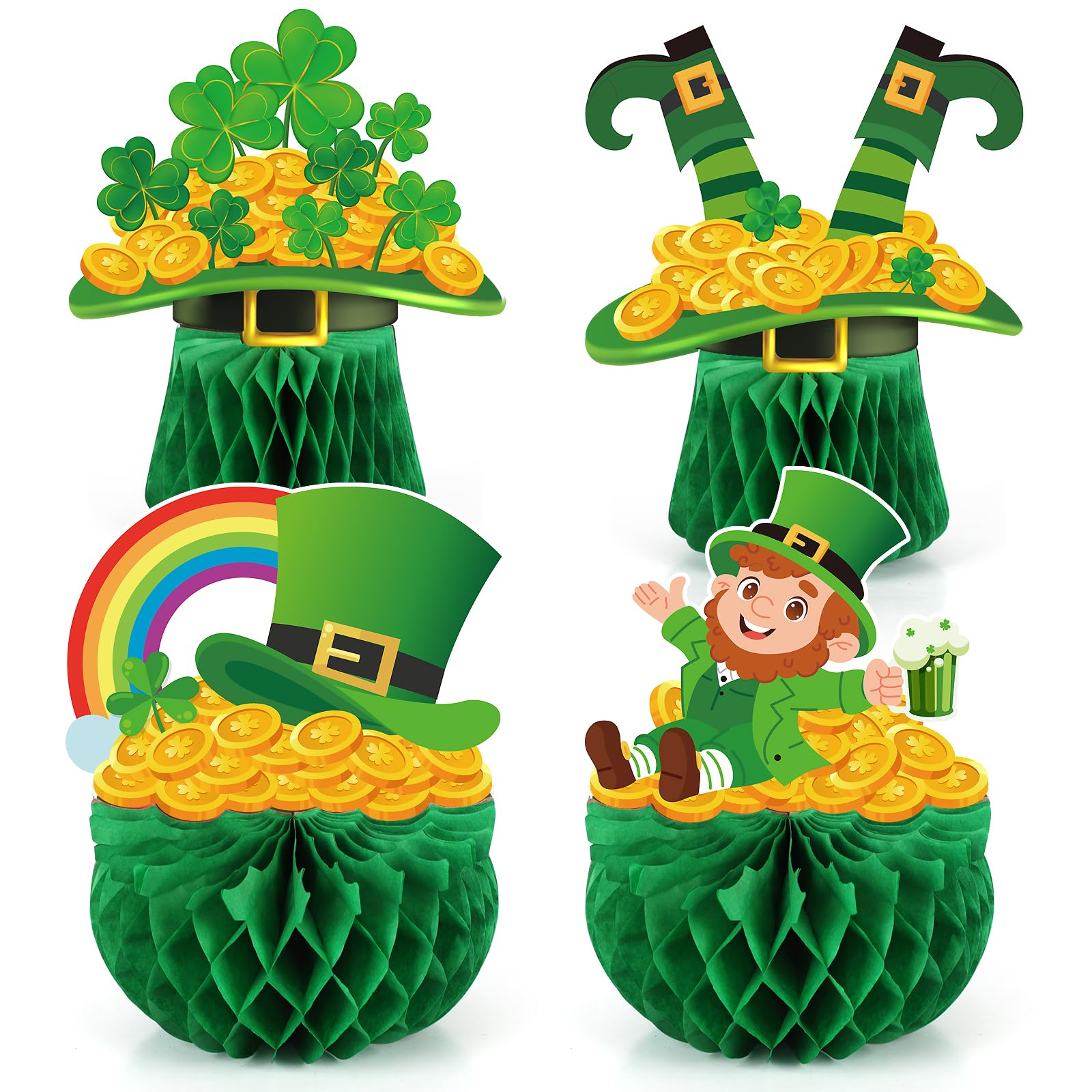 Photo 1 of 4 Pcs St Patricks Day Decorations Indoor St.Patrick's Day Honeycomb Decoration Centerpieces Irish Paper Table Topper Sign Shamrock 3D Table Honeycomb for Home Saint Party Tiered Tray Office Desk Shelf