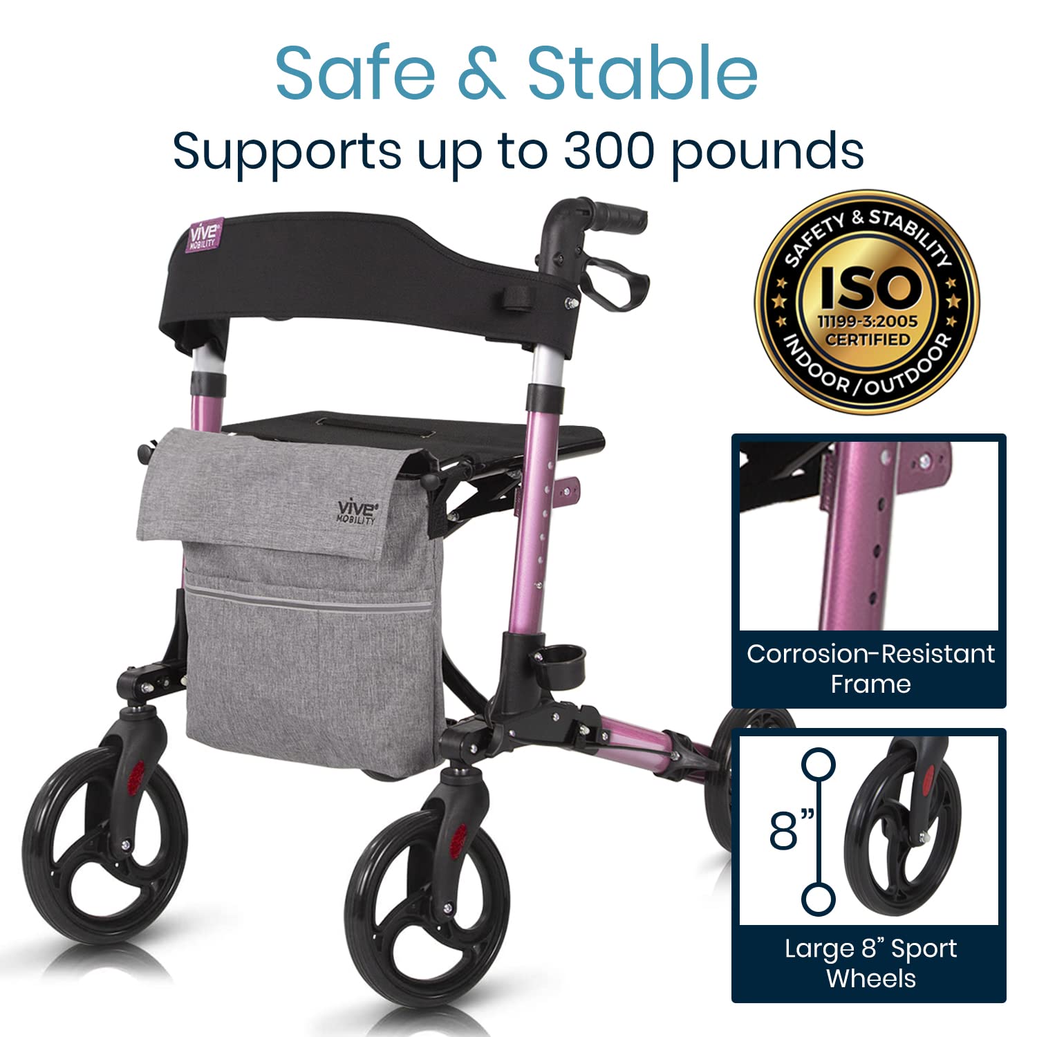 Vive Mobility Rollator Walker with Seat- Folding 4 Wheel Medical Rolling Walker with Bag - Mobility Aid for Adult, Senior, Elderly & Handicap - Aluminum Transport Chair