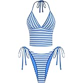 ZAFUL Two Piece Bathing Suit for Women Padded Swimsuit Halter Bikini High Cut Sexy Color Block Swimwear Blue X-Small
