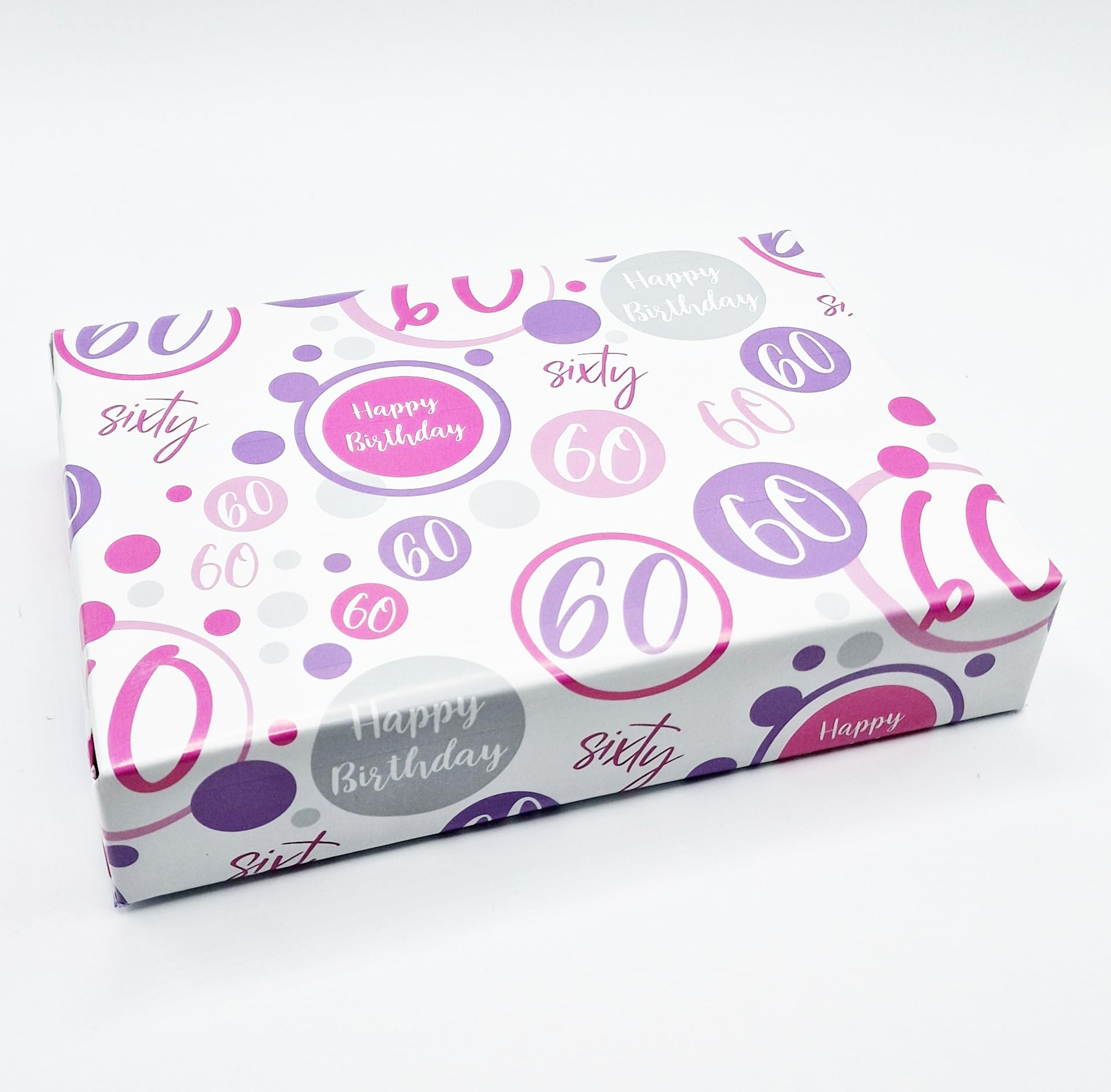 4 Sheets + 4 Gift Tags 60th Birthday Wrapping Paper Age 60 Birthday Pink Lilac White Gift wrap Female (PA)