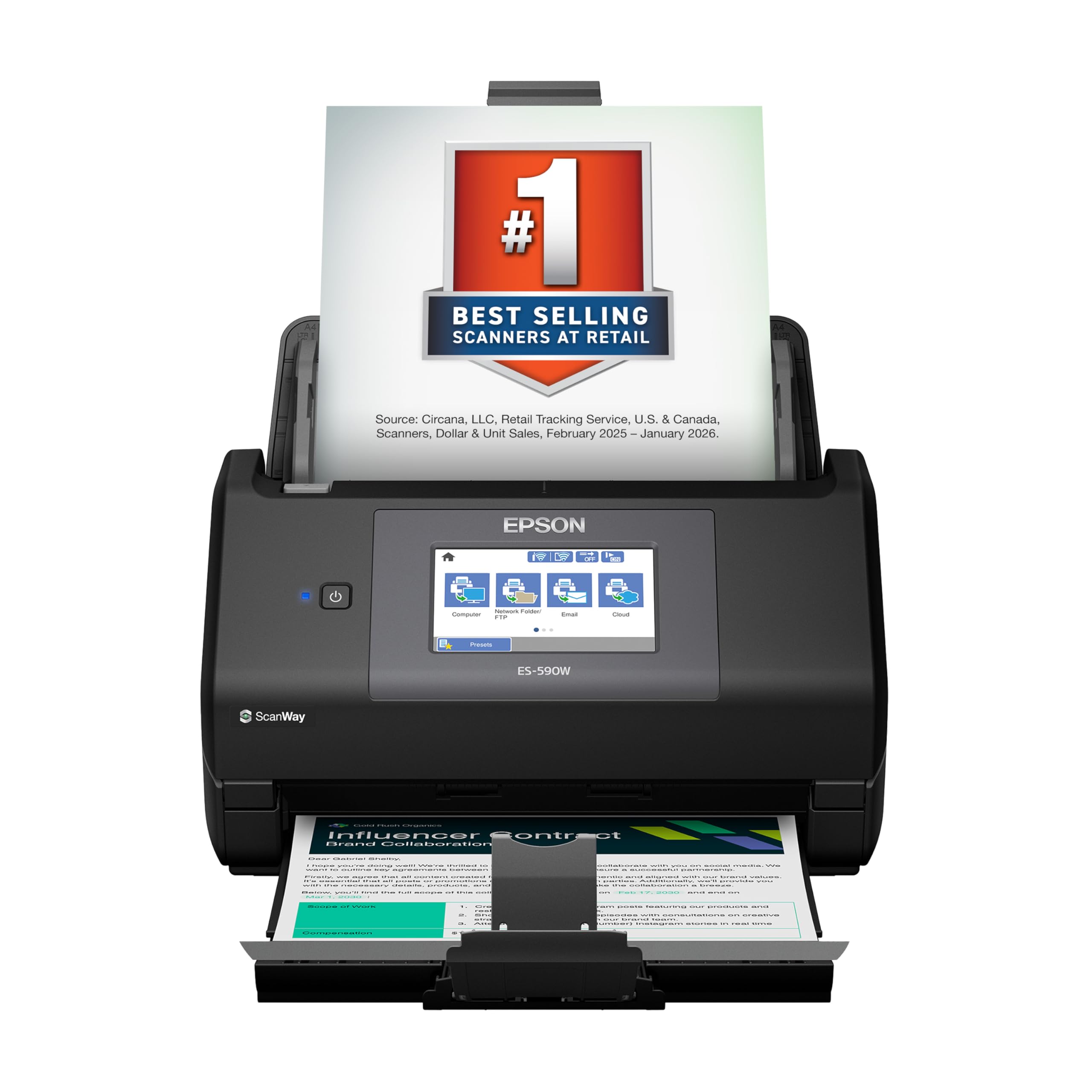 Epson Workforce ES-590W Escáner de documentos dúplex en color de escritorio, inalámbrico y USB, de alta velocidad, AI y listo para la nube, para Mac y PC, hasta 45 ppm, pantalla táctil a color grande de 4,3, alimentador automático de documentos de 100 pá