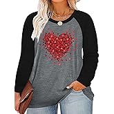 Plus Size Valentines Day Shirt Women Buffalo Plaid Love Heart Graphic Tees Cute Long Sleeve Tops Clothing for Her
