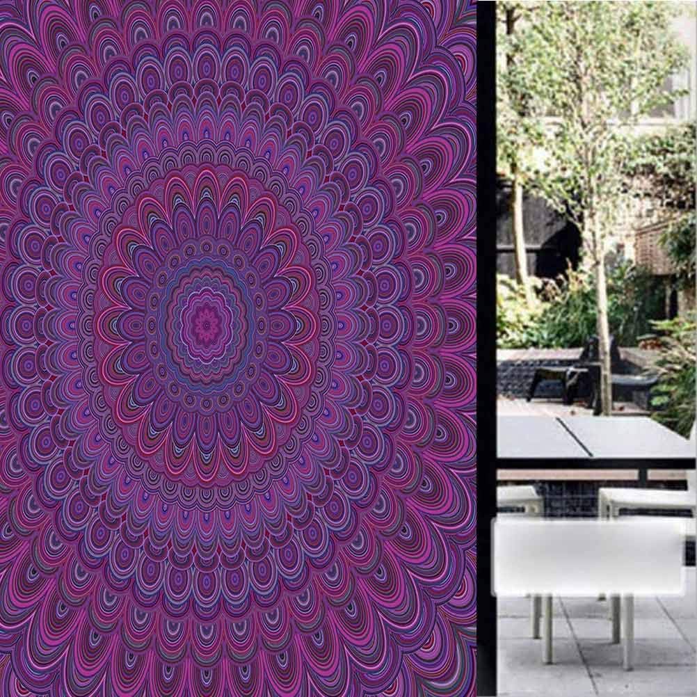 ViLJe Decorative Window Privacy Film Frosted Stained Static Glass Film Cling, Eggplant Purple Mandala Shape wit, Peel and Stick Removable Window Sticker for Home Decorative 17.7 x 78.7 Inch