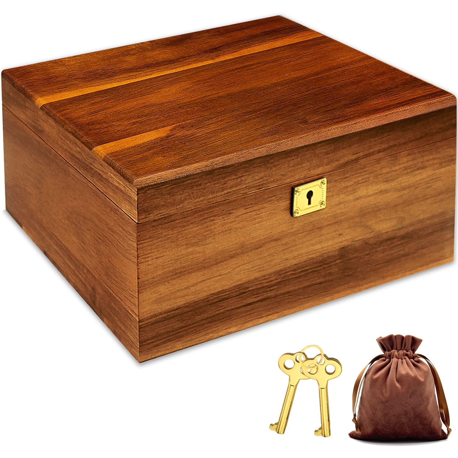 MFLUEEWR Wooden Storage Box with Hinged Lid and Locking Key Large Premium Solid Acacia Keepsake Chest Box -Storage Space to Organize Jewelry, Toys, and Keepsakes in a Beautiful Wooden Decorative Box