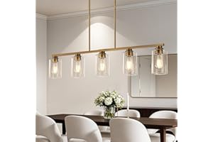 Mecgirn Island Light for Kitchen, Brushed Brass Dining Room Light Fixture Over Table, 5-Light Linear Chandelier Pendant Lighting for Dining Table Kitchen Island Living Room