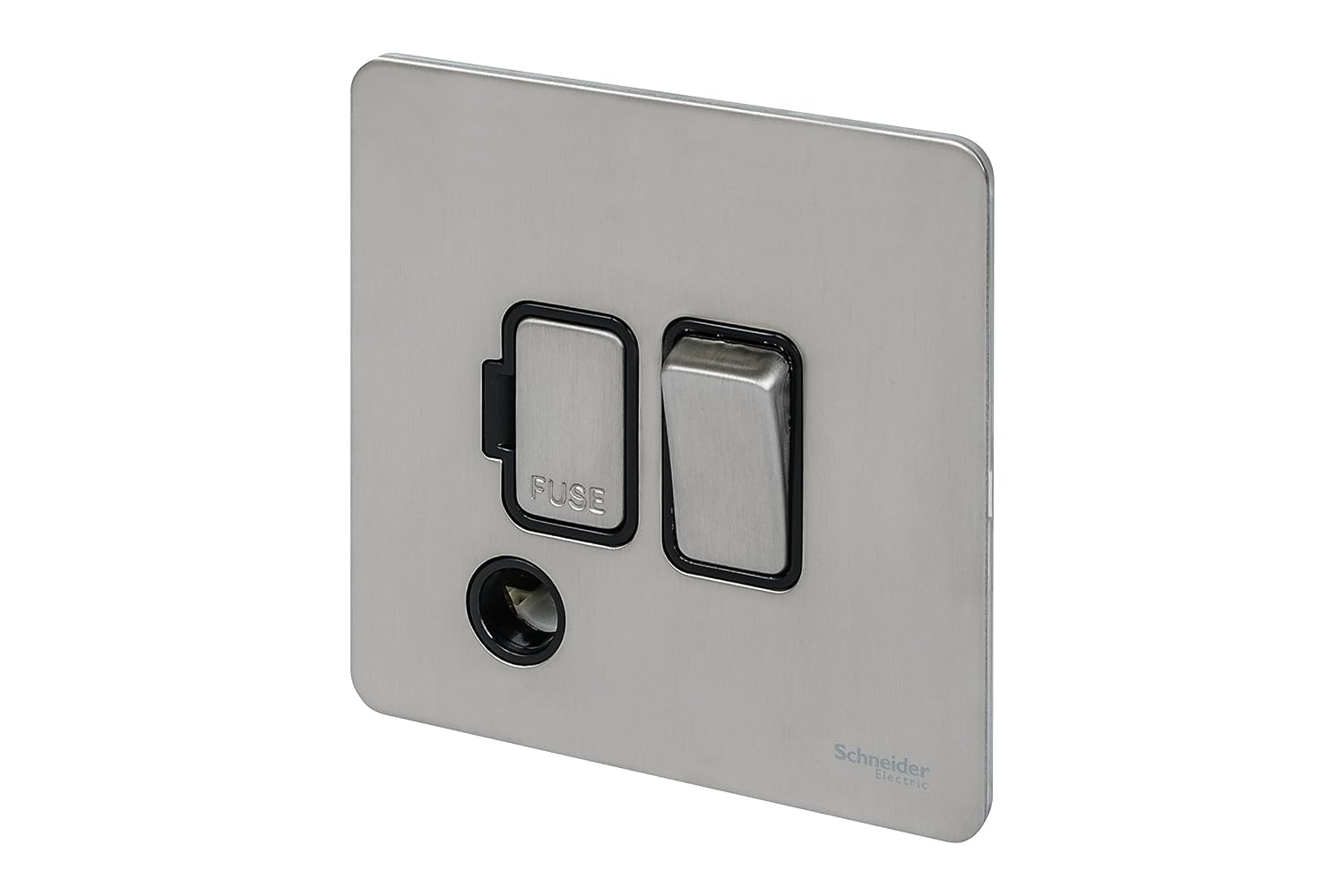 Schneider Electric Ultimate Screwless Flat Plate 13a DP Switched Connection Unit with Flex Outlet Stainless Steel Black Insert - Image 3