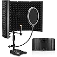 Microphone Isolation Shield, HAKUTA Microphone Isolation Shield with Stand and Pop Filter, High-Density Absorbent Foam to Filter Vocal, Foldable Sound Equipment for Studio, Broadcasting
