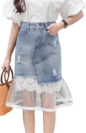 Amazon Mengfan デニムスカート レディース 夏 ロングスカート 半身 ハイウエスト レース スプライス ダメージ加工 スカート デニム スリム Aライン カジュアル 韓国 女の子 かわいい スカート 通販