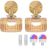 Shenmoyl Vintage Battery Operated Wall Sconce with Amber Striped Glass Lampshade 5000 mAh Rechargeable Battery Powered Wall L