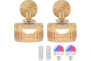 Shenmoyl Vintage Battery Operated Wall Sconce with Amber Striped Glass Lampshade 5000 mAh Rechargeable Battery Powered Wall Light with Remote Control for Bedside Bedroom Doorway, Set of 2