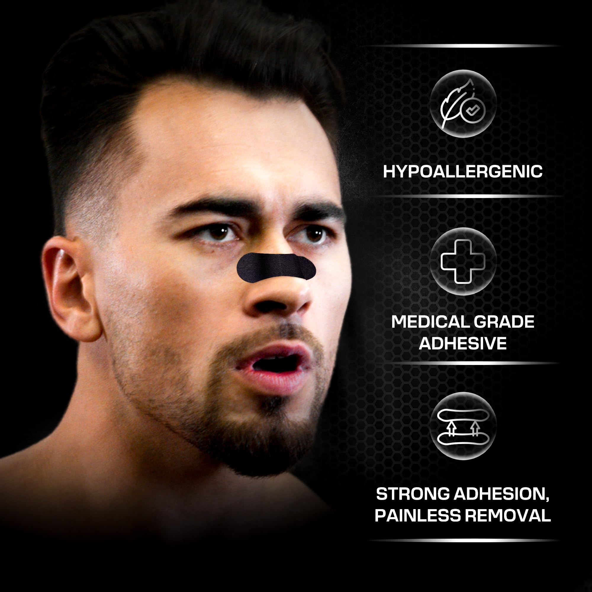 Performance Nose Strips for Breathing (60 Count) - Oil & Sweat Proof Adhesive - Athletic Nasal Strips for Snoring & Sleeping - Black, Wide Body, Universal Fit, Extra Strength