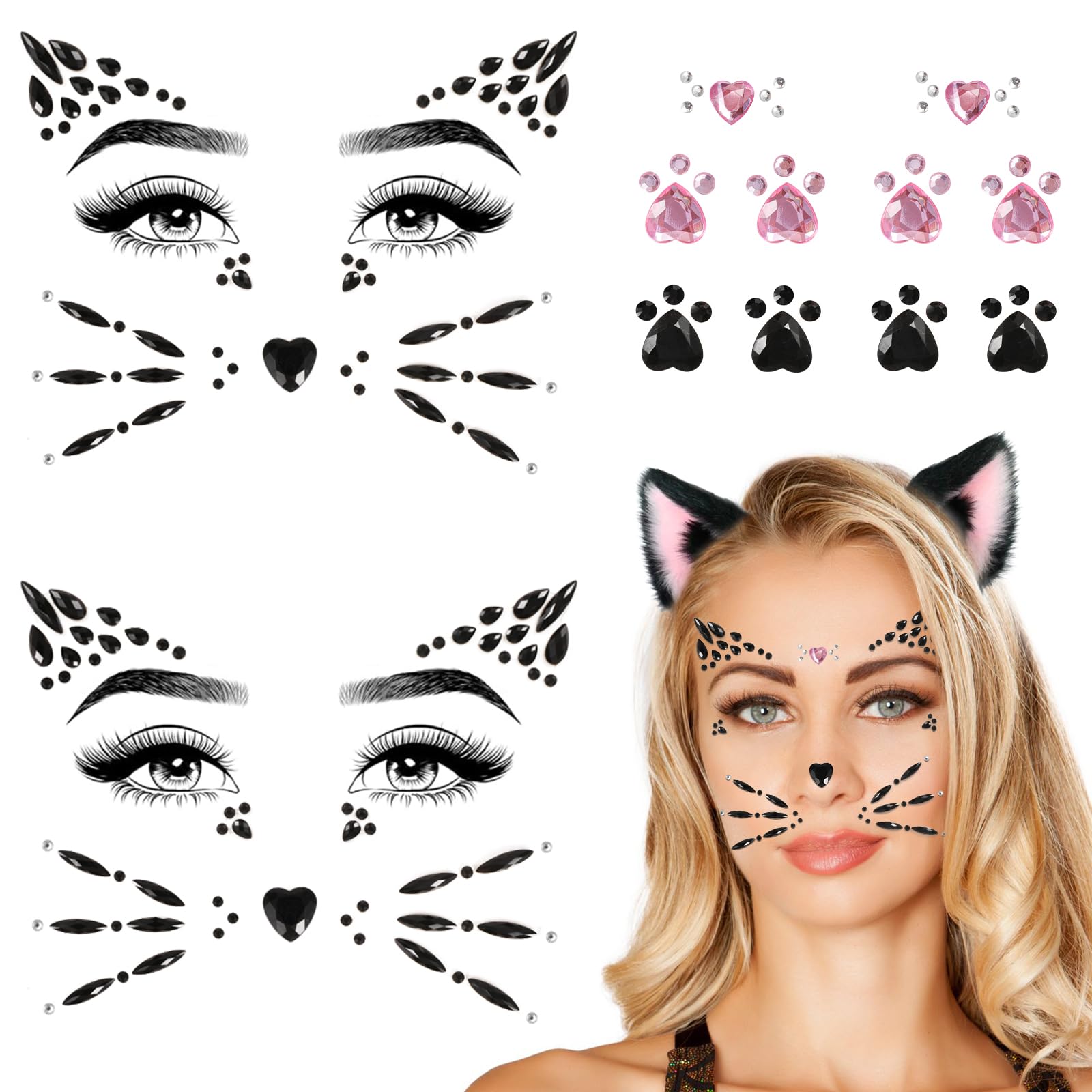 Qpout Cat Face Gems Face Jewels for Women Face Rhinestones Stick on cat whiskers costume accessory for face Rave Accessories Body Gems Cat Halloween Makeup 4 Sheets