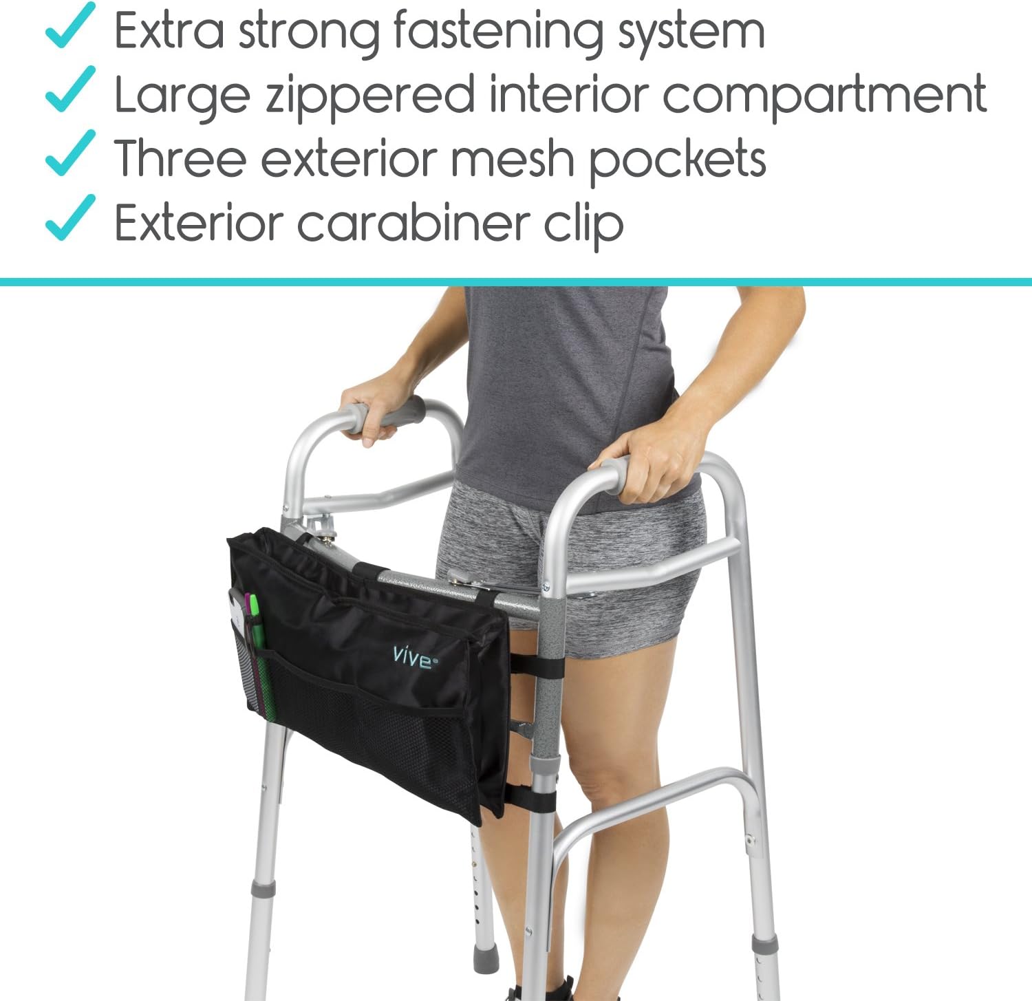 Vive Walker Bag - Water Resistant Accessory Basket Provides Hands Free Storage for Folding Walkers - Attachment Fits Wide and Narrow Styles - Tote Caddy Pouch for Elderly, Seniors, Handicap, Disabled: Health & Personal Care