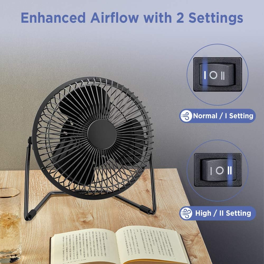 EasyAcc 6 Inch Desktop Table Fan (USB POWERED ONLY) USB Desk Fan with 2 Setting Portable Mini USB Fan for Metal Design Quiet Operation 360° Rotation Personal Cooling Fan for Home Office Desktop-Black: Home & Kitchen