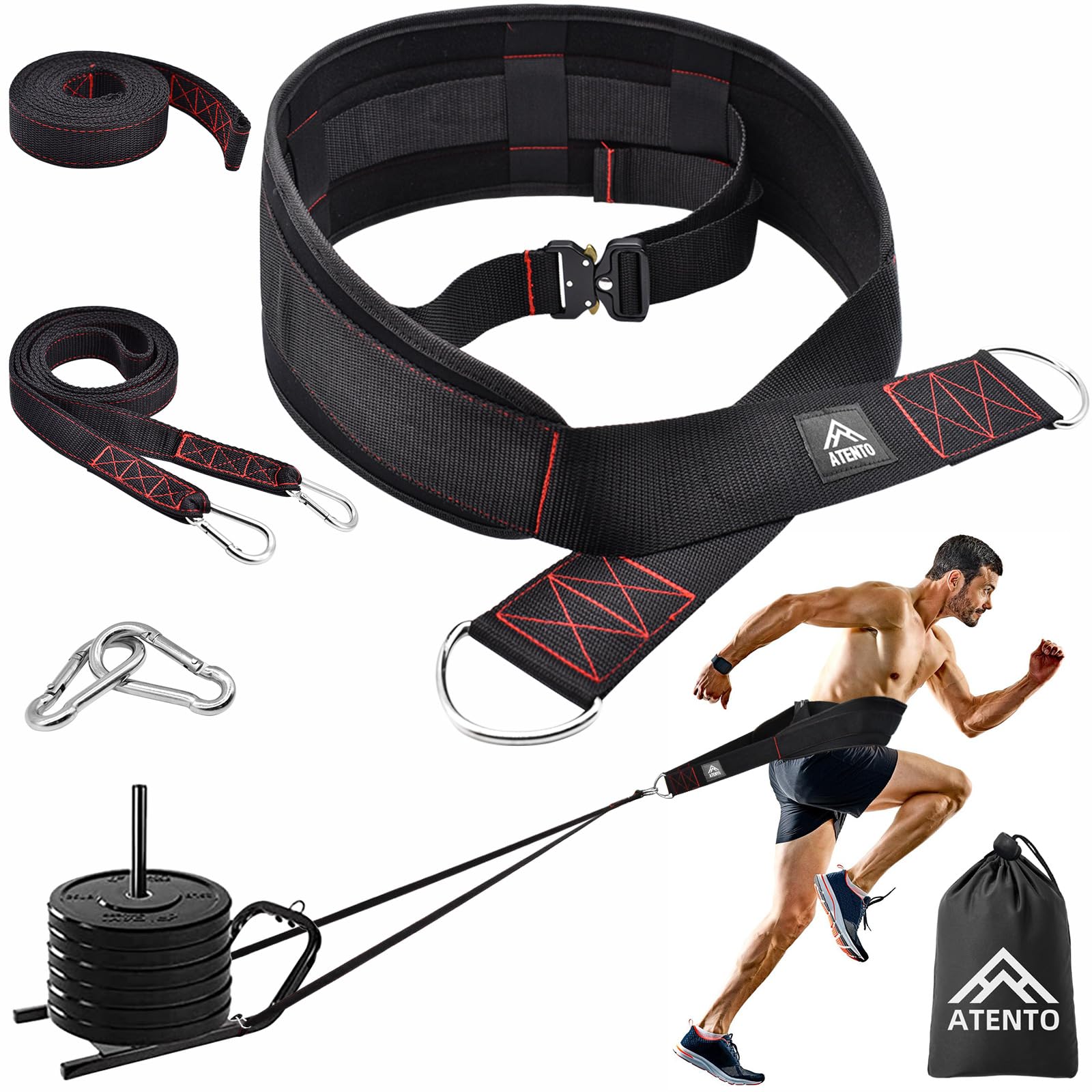 Photo 1 of ATENTO Sled Pulling Belt, Adjustable Closure Sled Training Waist Belt,Weight Sled Pull Belt for Tire or Sled Pulling, Squat,Leg Muscles Strength Training, Agility, Resistance Training, Core Power Workout, Belt for Pulling with 2 Pulling Straps & 4 Hooks I
