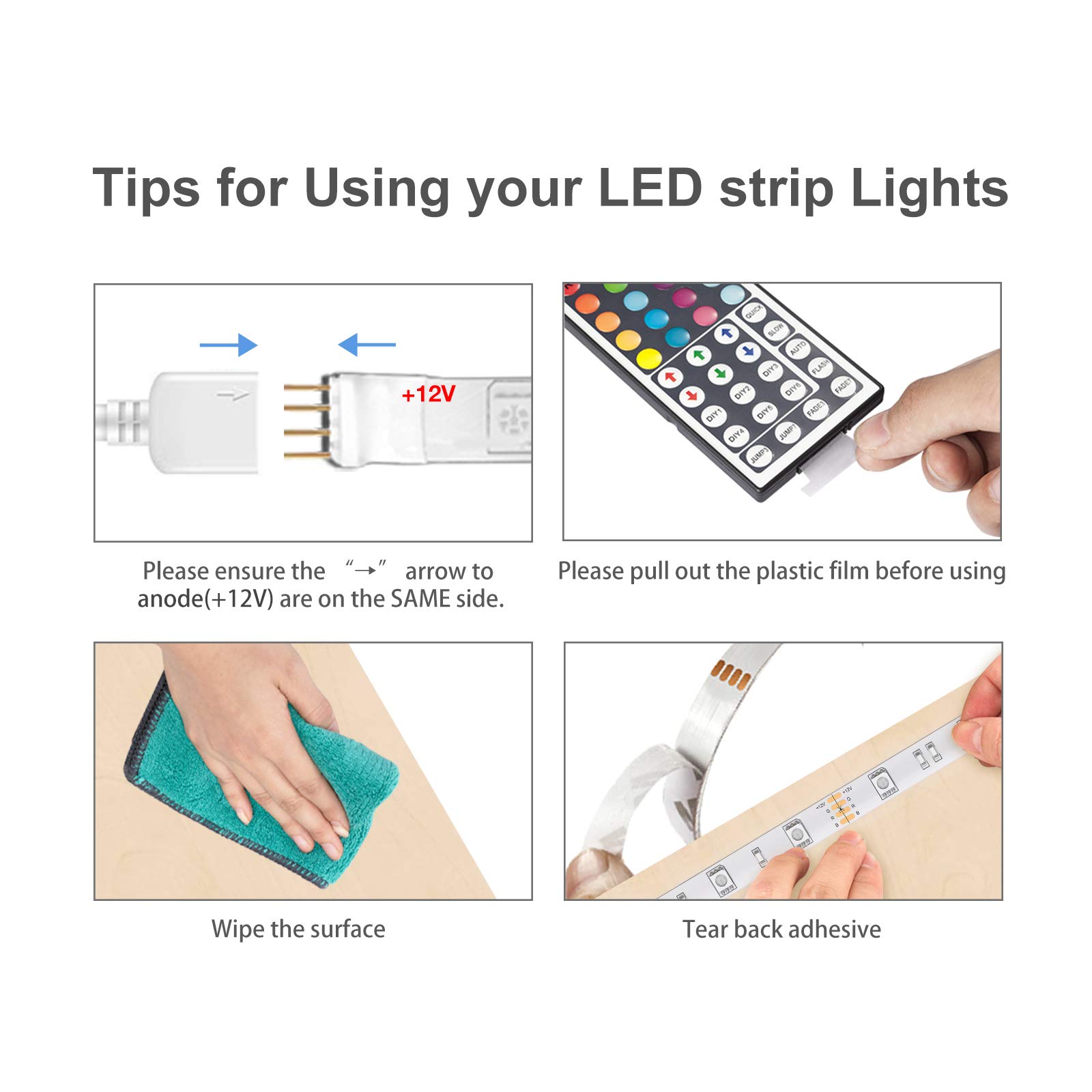 DAYBETTER Led Strip Lights 32.8ft 5050 RGB Color Changing Lights Strip for Bedroom, Desk, Home Decoration, with Remote and 12V Power Supply