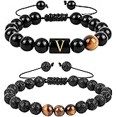 Aospkle 2PCS Initial Charms Bracelet for Men, Natural Black Onyx Tiger Eye Stone Lava Rock Alphabet Letter Bead Bracelet Jewelry Set with Gift Message Card 8mm