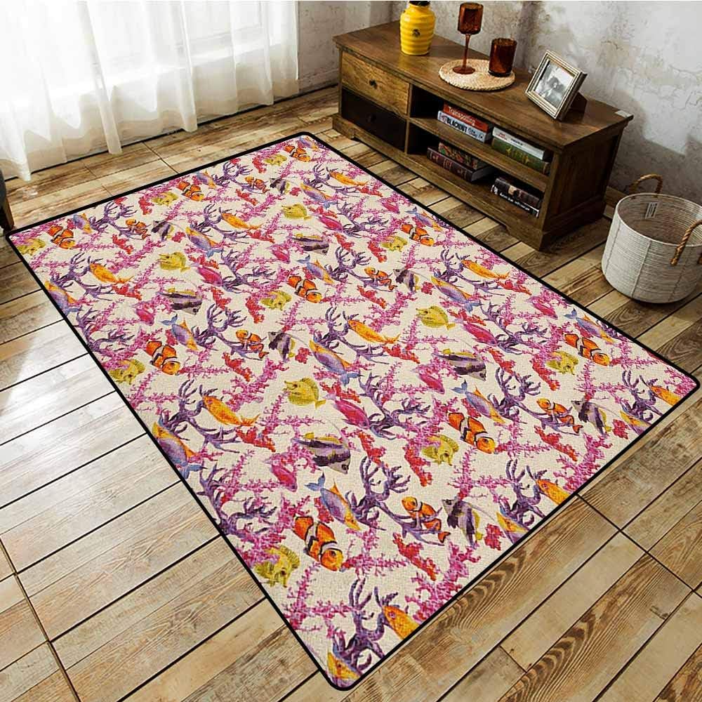 Amazon リビングルームラグ 水彩 ヴィンテージ風 海藻サンゴと魚のイラスト レトロな水槽テーマ 洗濯機洗い可 滑り止め マルチカラー 4 11 X6 10 150cm 210cm Andytours ラグ カーペット