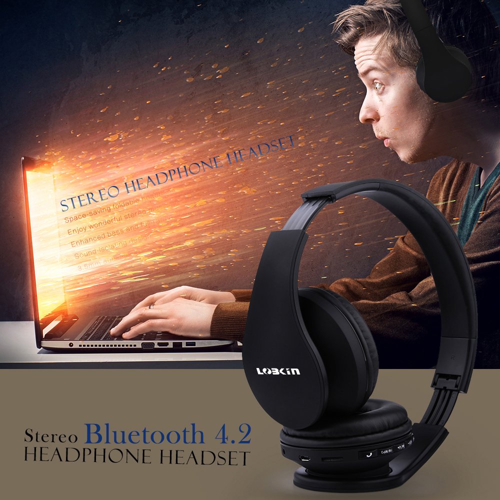 Cuffie Bluetooth LOBKIN Auricolari Stereo con Microfono Bluetooth 4.1 Pieghevole Over-Ear Senza Fili Cuffie con Microfono Ricaricabile Riduzione del Rumore Interno Supporto SD/TF Card (black)