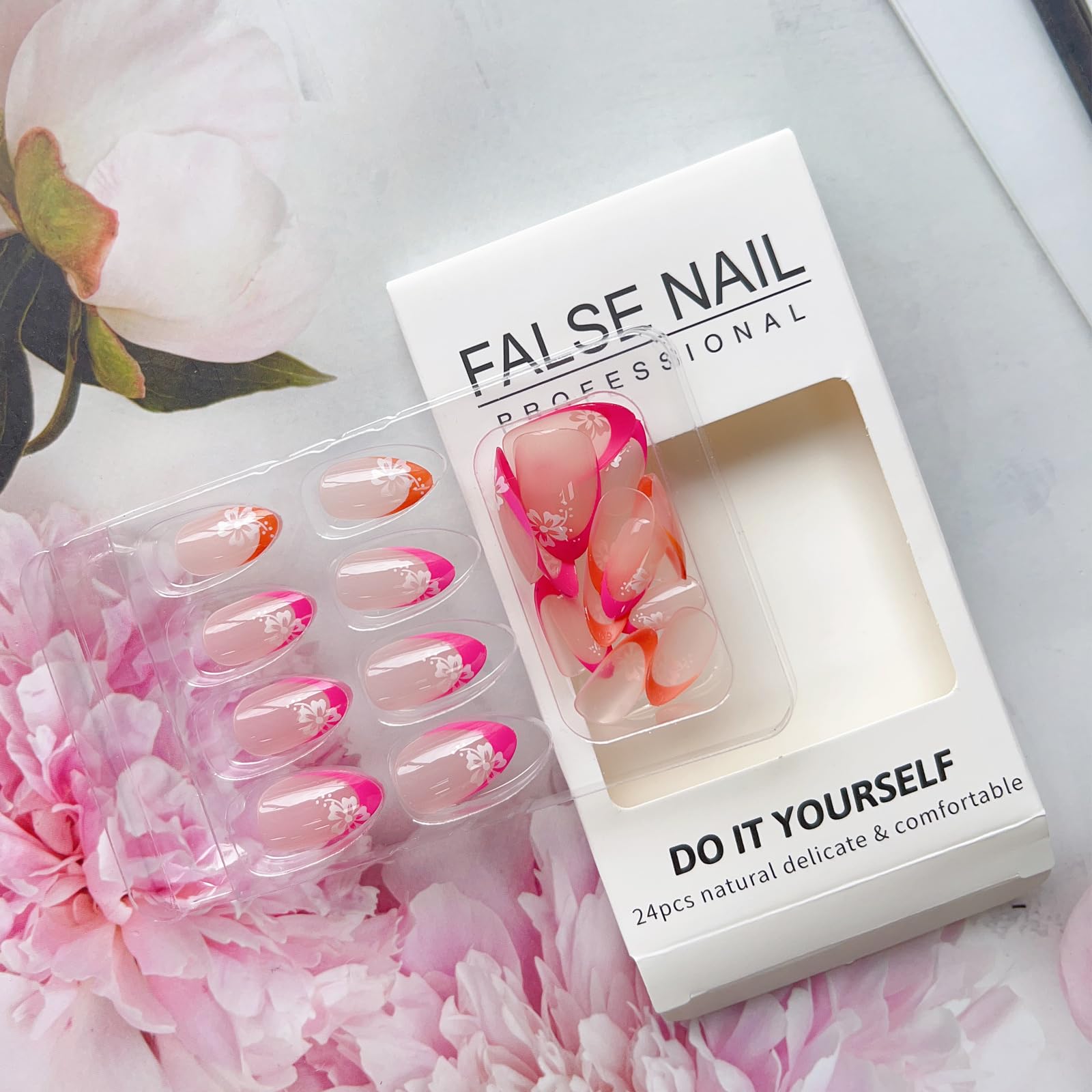 OHWODA Flower Press ons Medium Almond False Nails with White Flowers French Tip Designs Summer Full Cover Cute Stick on Nails Kit - Image 5