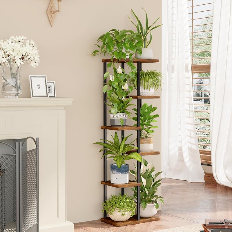 Soporte alto para plantas de interior de 6 niveles, estante de metal marrón, soporte grande para plantas múltiples macetas para patio, jardín, esquina, balcón, sala de estar