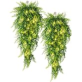 RECUTMS Artificial Boston Ferns 4 Pack Fake Hanging Plants with 30 LED Lights Faux Ivy Vine Leaves Plastic Greenery UV Resistant for Home Bedroom Wall Porch Garden Wedding Decor (Green)
