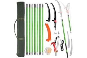 Outvita Manual Pole Saw, 30 Feet Extendable Tree Pruner with Knives and Storage Pocket, Sharp Steel Blade and Scissors High Branches Trimming for Pruning Palms and Shrubs(Green)