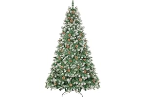 MSPRLS 6ft Flocked Christmas Tree with Decorations (900 PVC Branch Tips & 56 Pine Cones), Metal Hinges & Base, Green and White Slight Pre-Decorated Artificial Xmas Tree 6 feet | Add Holiday Touch