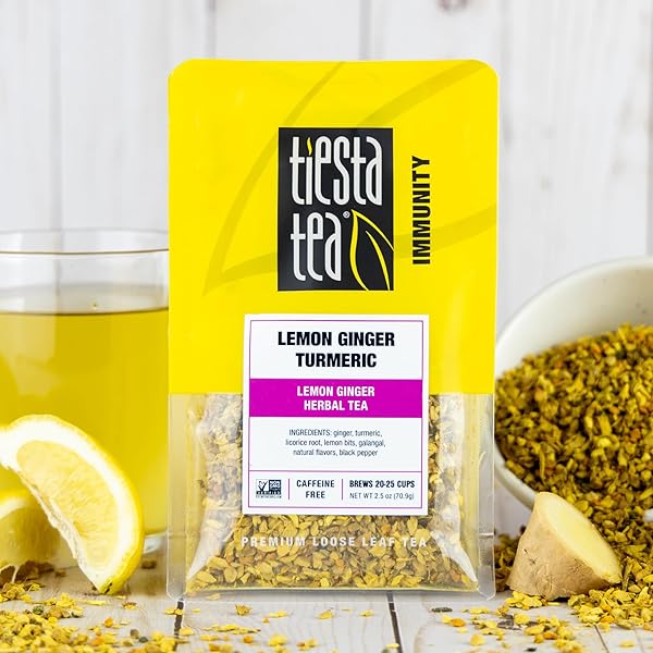 TIESTA TEA – LEMON GINGER TURMERIC, LOOSE LEAF, LEMON GINGER HERBAL TEA, PREMIUM BLEND, NON CAFFEINATED HERBAL, MAKE HOT OR ICED BREWS UP TO 25 CUPS, 2.5 OUNCE RESEALABLE POUCH