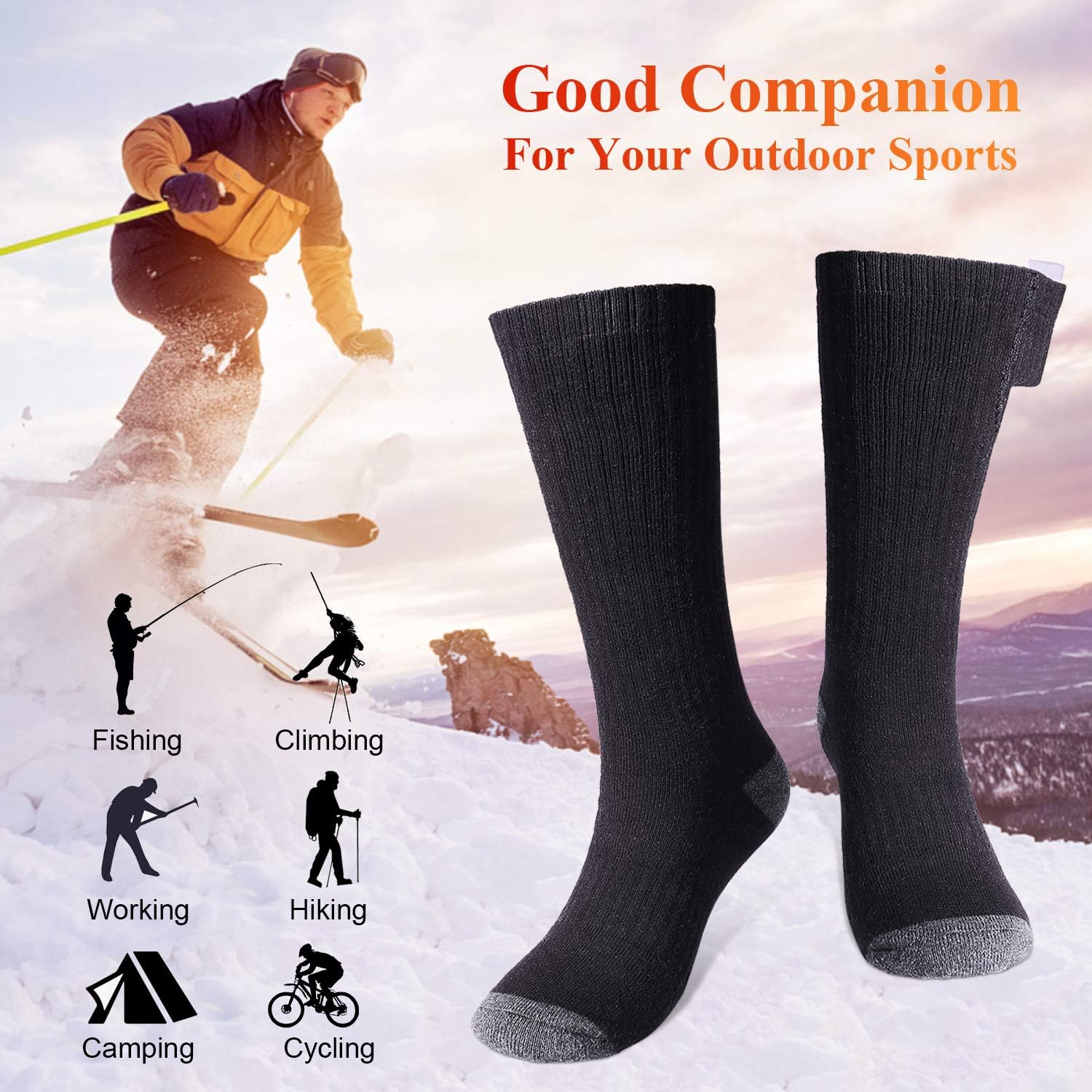 Sykooria Heated Socks for Men Women - Winter Foot Warmers Socks - Rechargeable Electric Heating Socks for Winter Outdoor Recreation Skiing Hiking Camping, Heating Element Up to 149℉, 3 Heat Settings: Sports & Outdoors