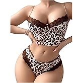 SweatyRocks Women's 2 Piece Lingerie Set Leopard Print Lace Trim Bralette and Panty Sets