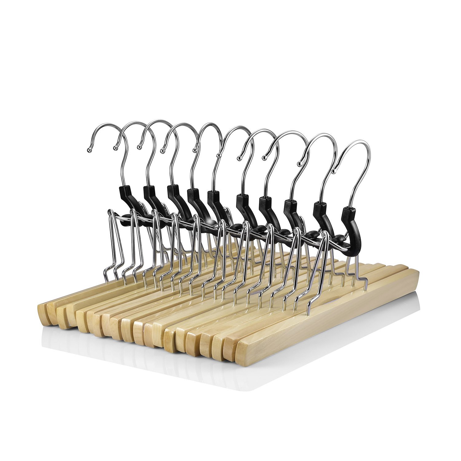 logei® Wooden 25cm (9.8") Clamp Trouser Hangers, With Felt Lining, Pack of 10, Natural