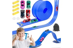 BLU7IVE 15ft Flex Race Car Track for Kids with 4 Alloy Cars & Portable Bag,8 Suction Cups for Middle Track& 2 Strong Suction Cups for Top Track,Compatible with 1/64 Scale Metal Model Cars