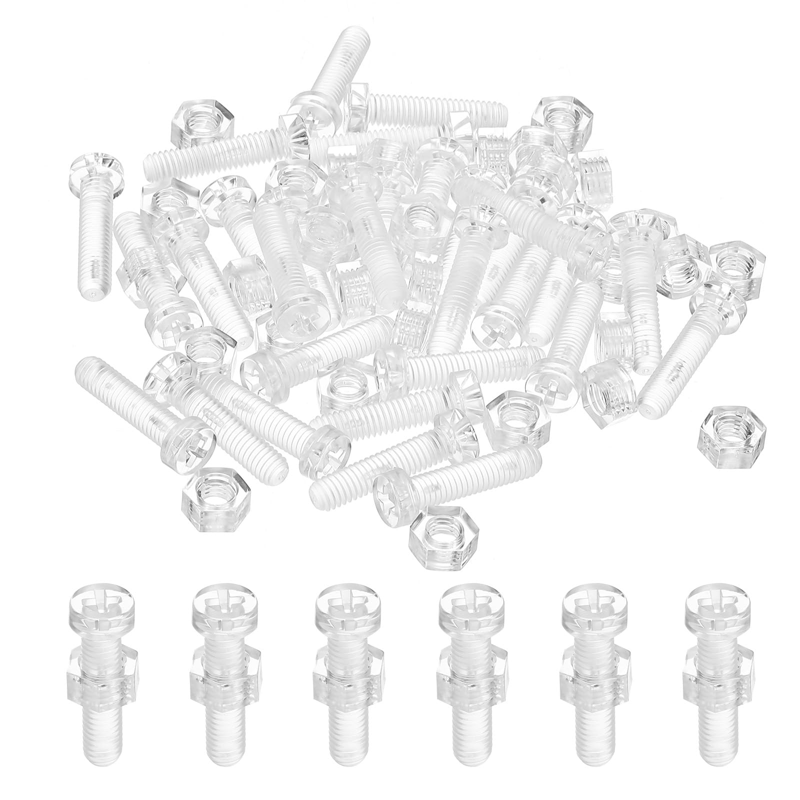 PATIKIL M6x25mm Clear Acrylic Screws and Hex Nuts Kit, 30 Set PC Plastic Phillips Round Head Bolts for Machine Accessories, Transparent