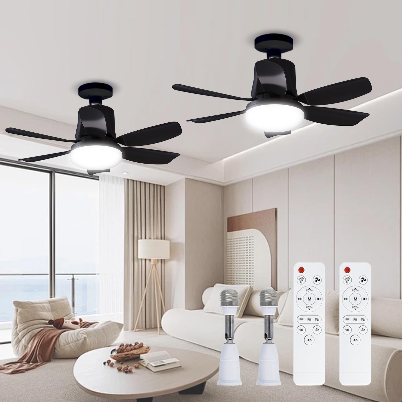 Photo 1 of LANMEL 2 Pack Socket Fan Light and 360° Light Socket Extender, 18.5'' Socket Ceiling Fans with Remote, 3 Colors LED Light Bulb, Screw in Small Ceiling Fan for Bedroom Living Room Kitchen Garage, Black