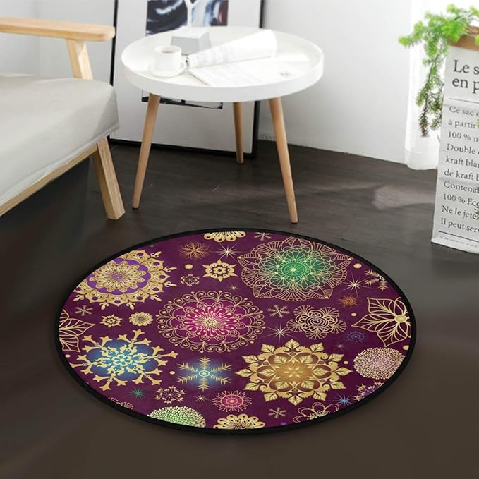 SUABO Round Area Rug, Christmas Colorful Snowflakes Carpet for Living Room Bathroom