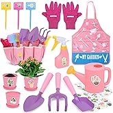 CUTE STONE Pink Kids Gardening Tool Set, Garden Toys W/ Shovel, Rake, Trowel, Apron W/Pockets, Garden Tote Bag, Watering Can,