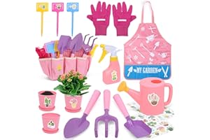CUTE STONE Pink Kids Gardening Tool Set, Garden Toys W/ Shovel, Rake, Trowel, Apron W/Pockets, Garden Tote Bag, Watering Can,