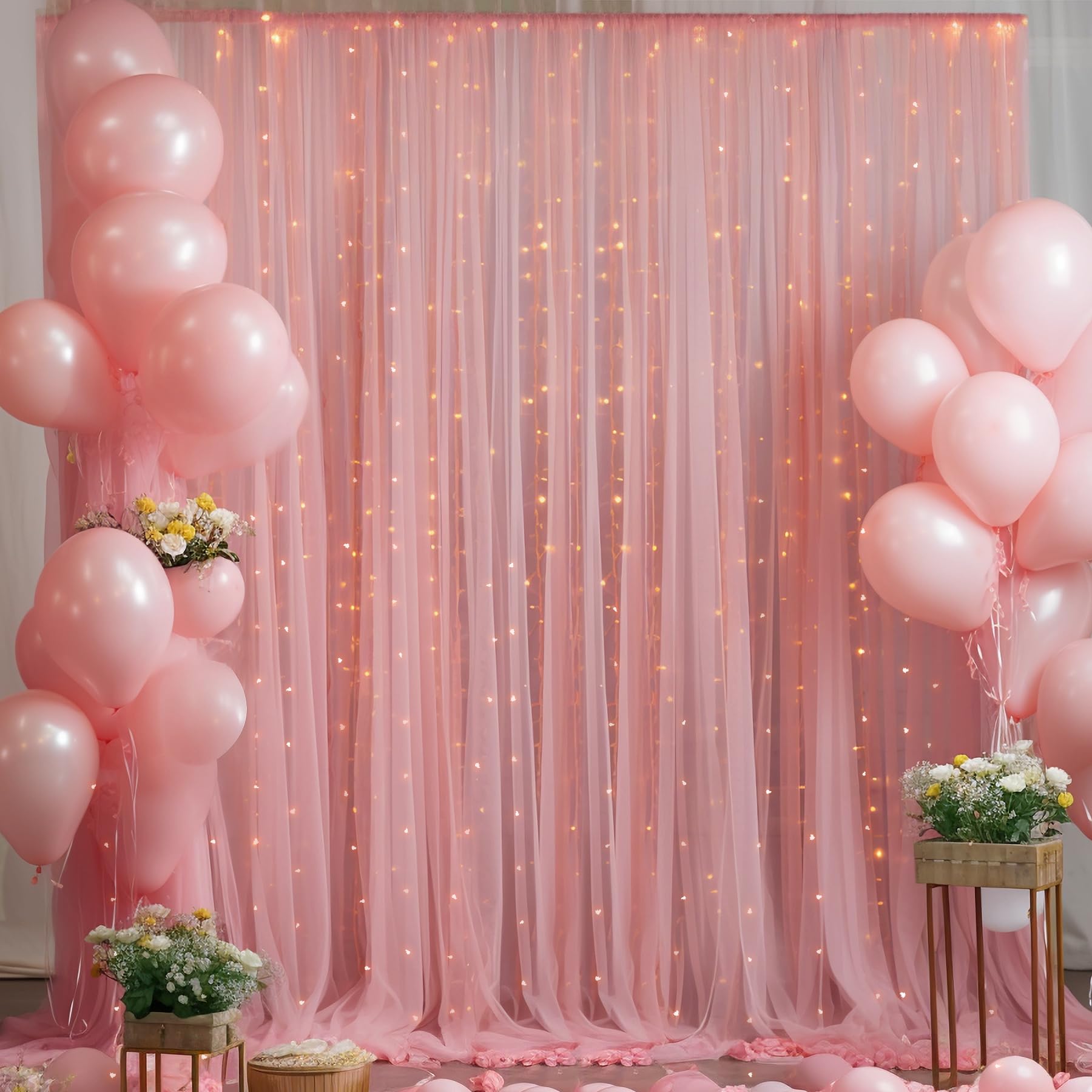Photo 1 of 10ft x 8ft Dusty Rose Backdrop Curtain with Lights String for Parties, Sheer Tulle Wedding Photo Backdrops Drapes for Baby Shower Birthday Party Decorations Background for Photography