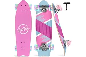 BELEEV Cruiser Skateboards for Beginners, 27 x 8 inch Complete Skateboard for Kids Teens Adults, 7 Ply Canadian Maple Double Kick Deck Concave Skateboard with Skate T-Tool