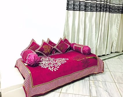 Magnetic Shadow Velvet Touch Chenille Diwan Bedsheet Set of 8 pieces for Living Room Dining Hall (Pink)