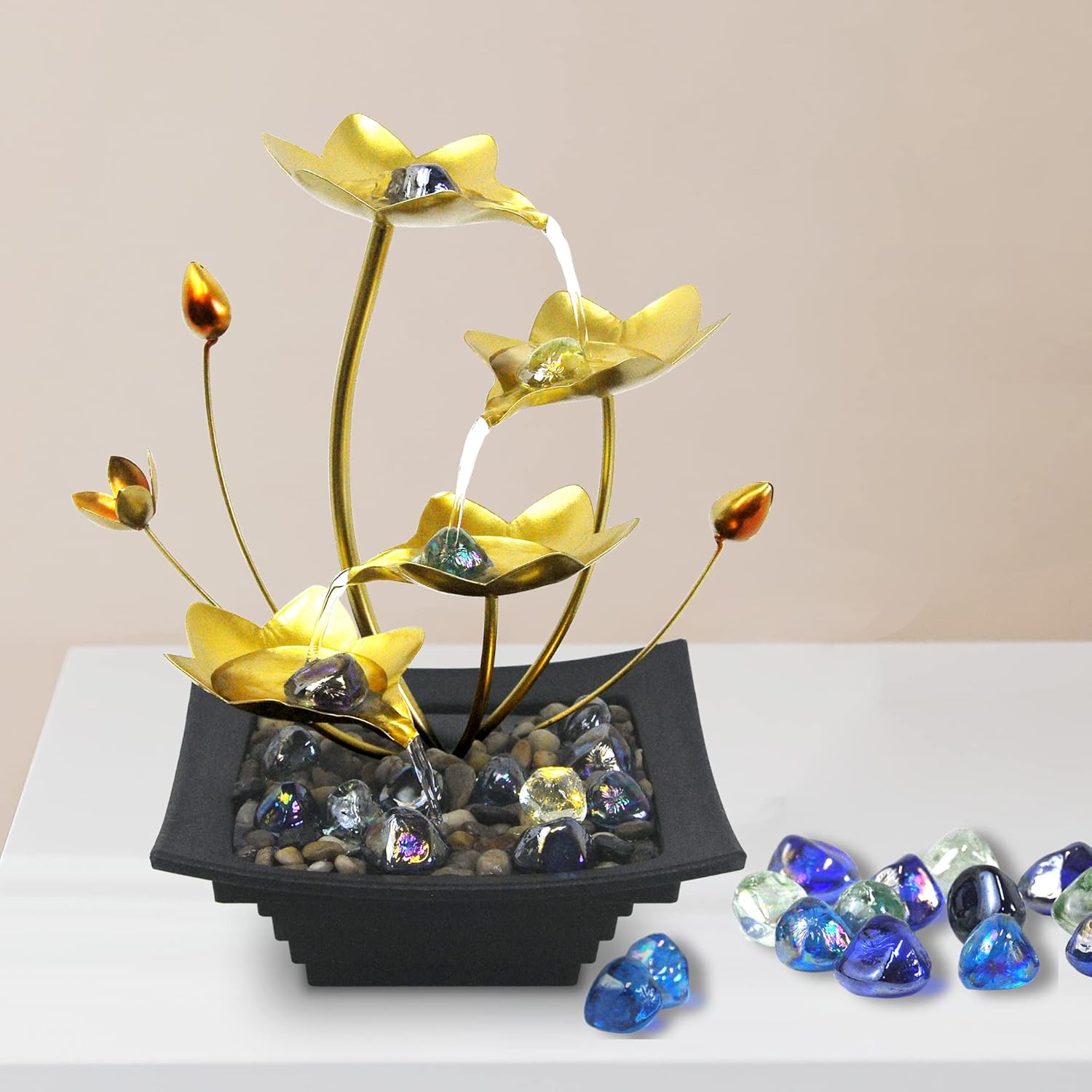 Indoor Fountains & Accessories - Indoor 4-Tier Lotus Leaf Tabletop Fountain, Relaxation Mini Waterfall for Room Decoration, Water Fountain with Nature River Rocks.