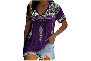 LMDUDAN Women's Embroidered Tops Mexican Print Shirt V Neck Summer Casual Top Short Sleeve Tunic Tees Loose Blouses