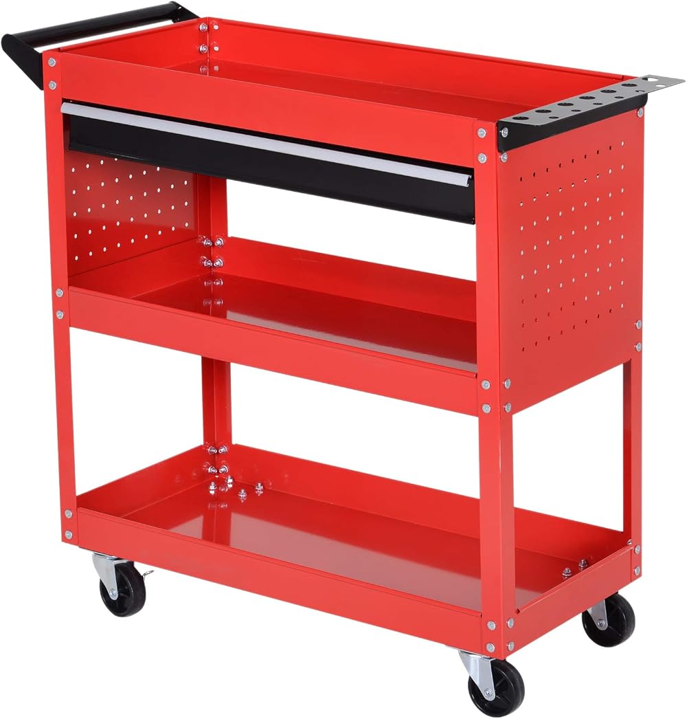 DURHAND 3-Tier Tool Trolley Cart Storage Shelf with Drawer Red 82x35x76 cm