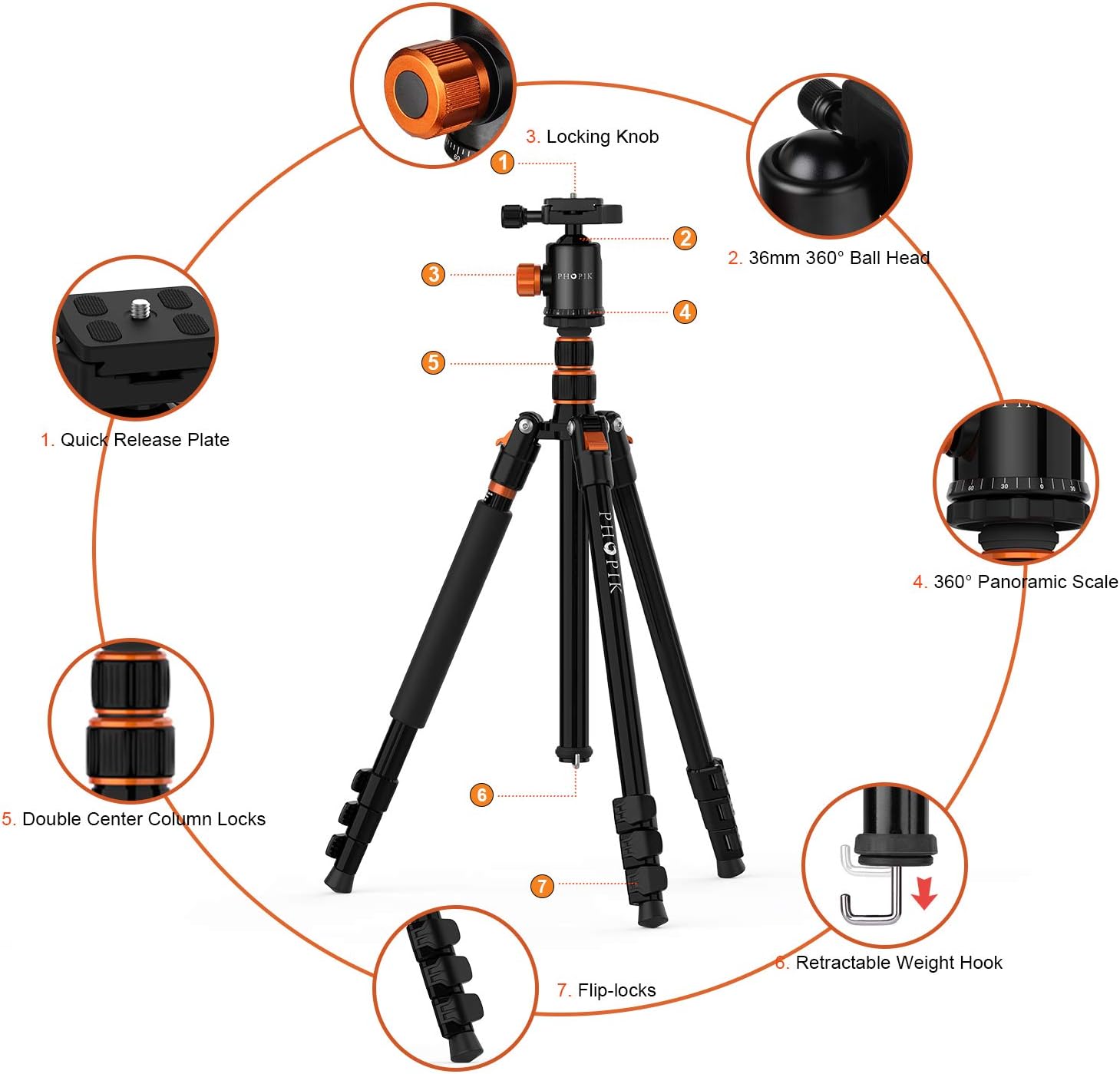 PHOPIK 77 Inches Tripod, Lightweight Aluminum Camera Tripod for DSLR, Photography Tripod with 360 Degree Ball Head 1/4" Quick Release Plate Professional Tripod Load up to 17.6 Pounds : Camera & Photo