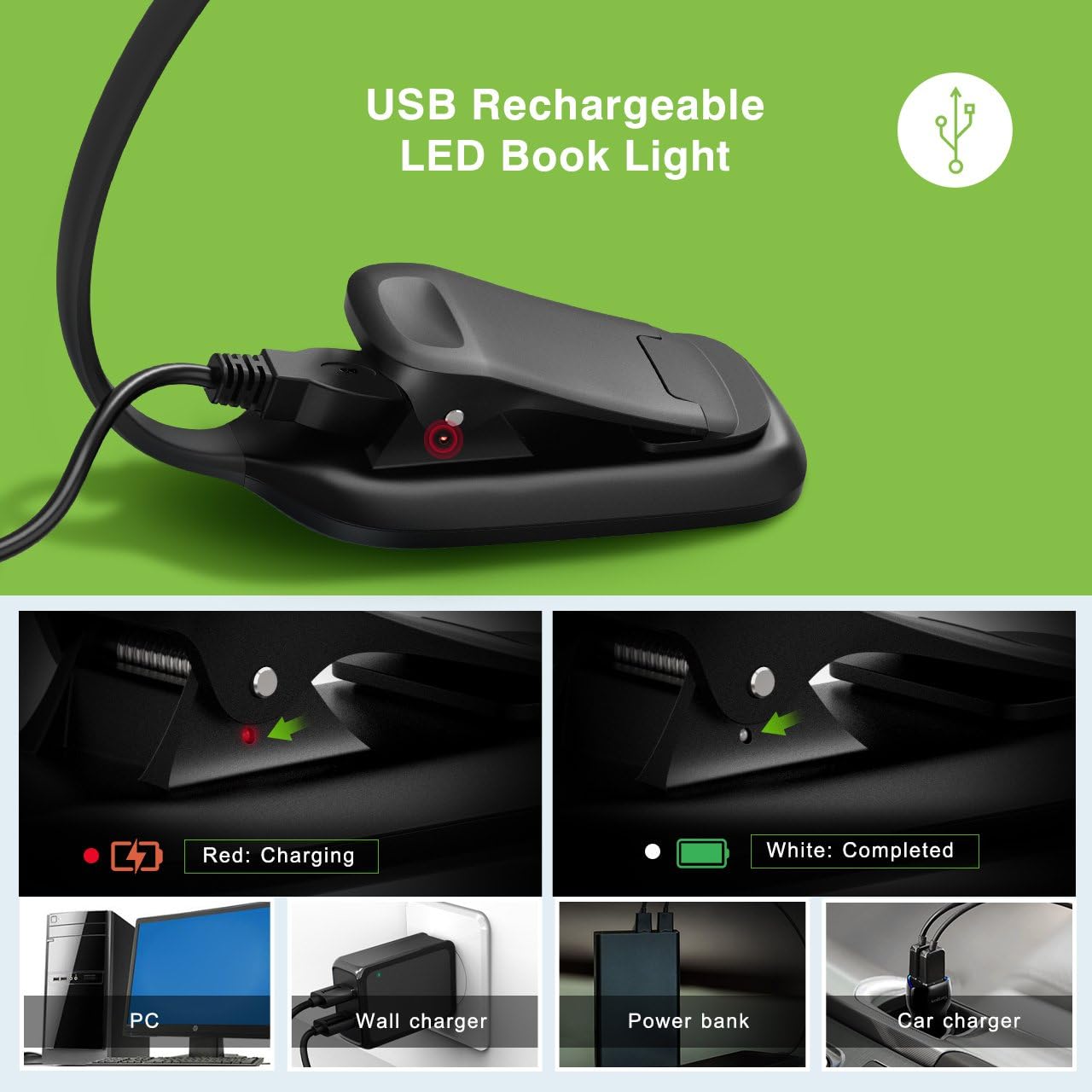 Rechargeable Book Light, TOPELEK LED Reading Light with 3-level Brightness (Cool & Warm), Flexible Easy Clip On Reading Lamp, Eye Protection, Soft Table Light for Night Reading in Bed - - 