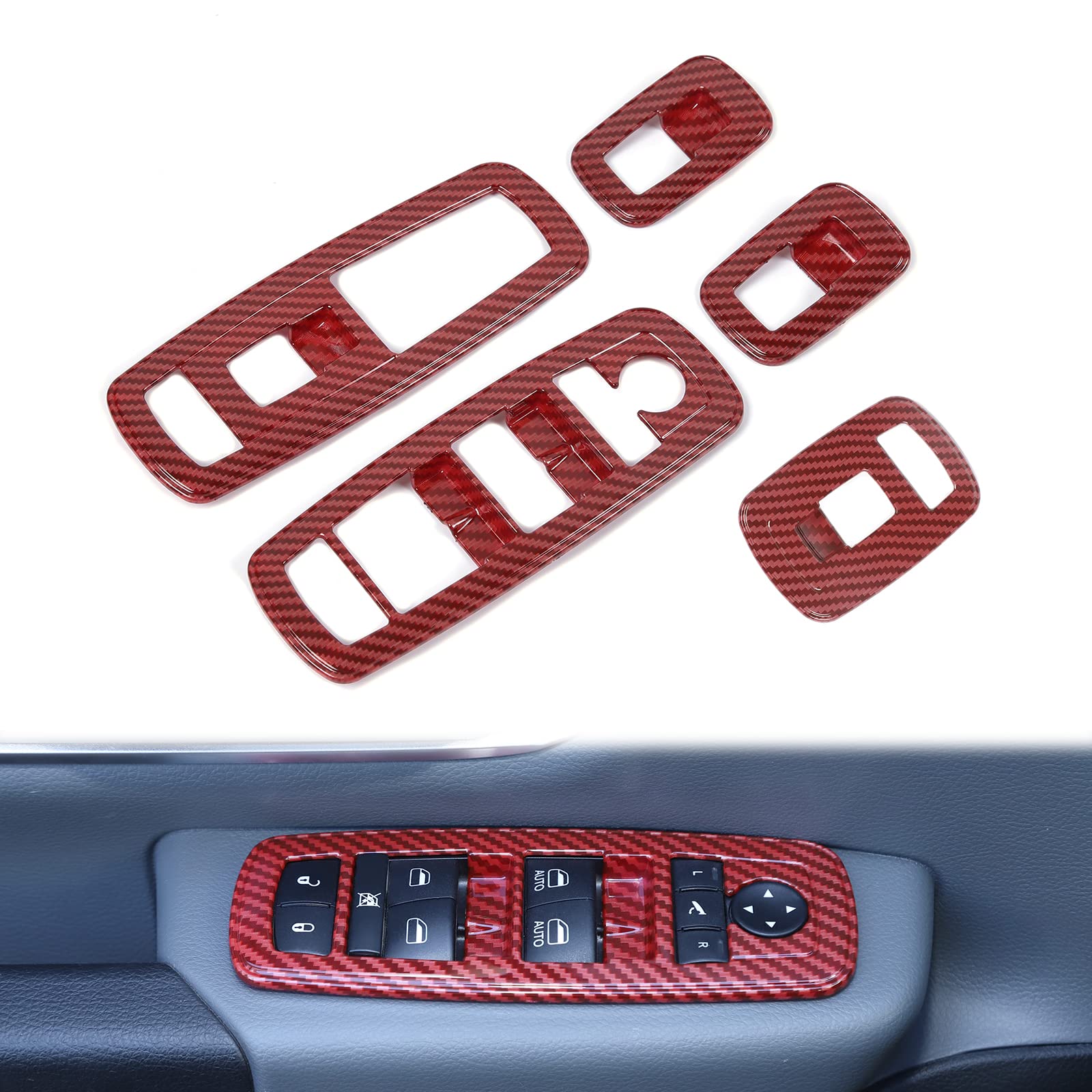 Photo 1 of Voodonala Window Lift Switch Power Window Control Regulator Button Embellishment Trim 2018-2025+ Dodge RAM Interior Accessories ABS Red Carbon Fiber 5pcs