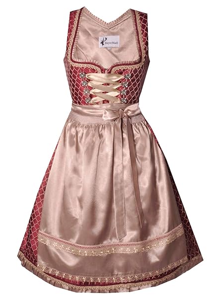 Bayer Madl Dirndl midi 67 cm Designer-Dirndl Kirchhaslach rot und beige inkl. Schürze - Größe 34-56